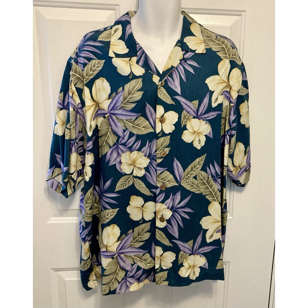 Vintage‎ Rum Runner Sz Large Hawaiian 100% Silk Shirt Men's Floral Green Yellow
